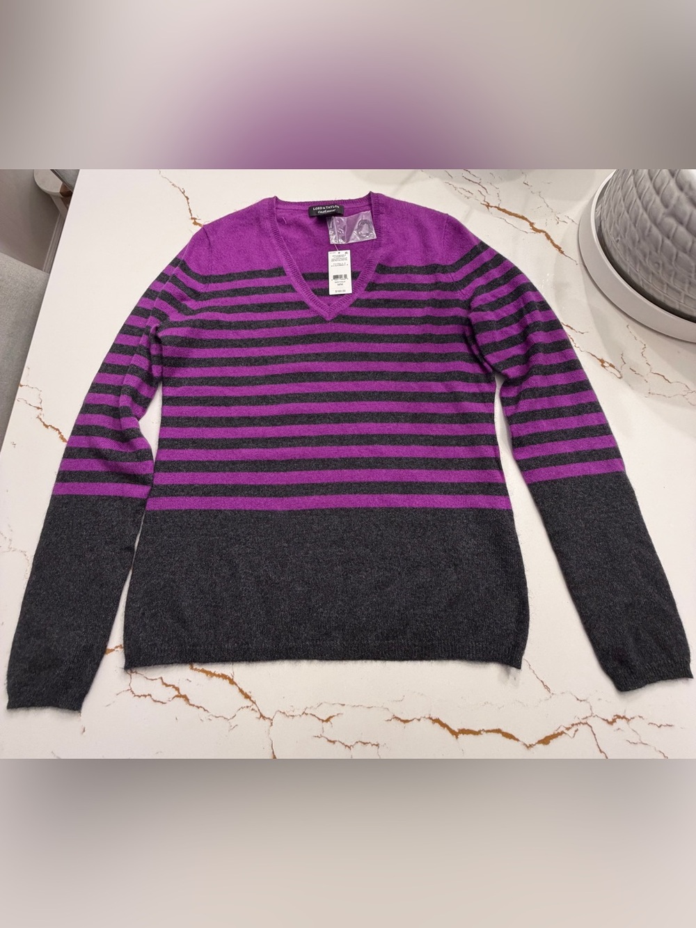 Lord & Taylor 100 Cashmere Women’s V-Neck Striped Sweater in Purple and Charcoal